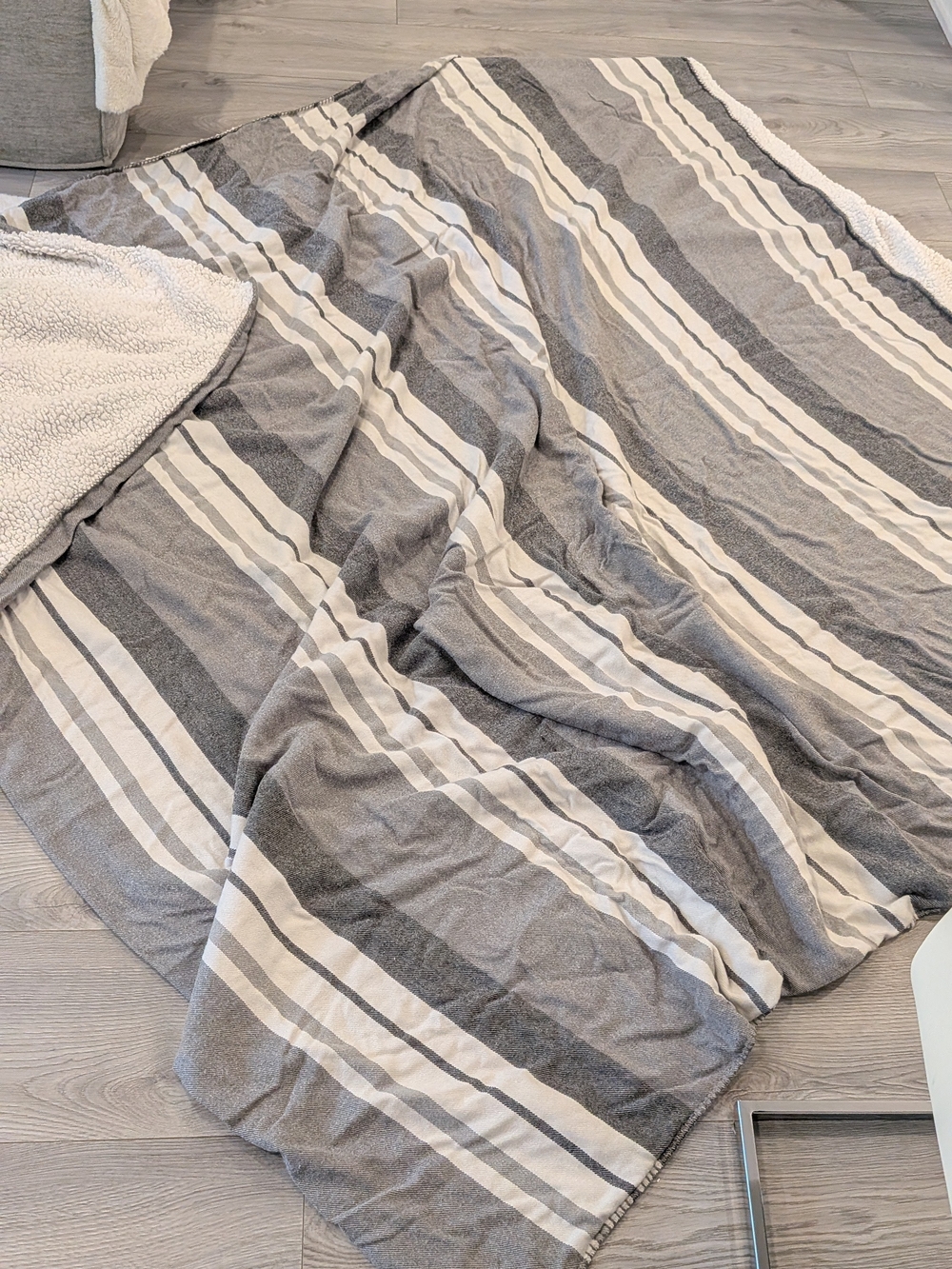 Cozy Gray & White Striped Sherpa Throw Blanket